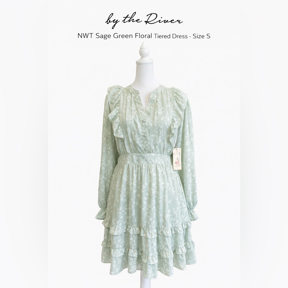 By The River Sage Green Cottagecore floral dress NWT Mini Boho Ruffle